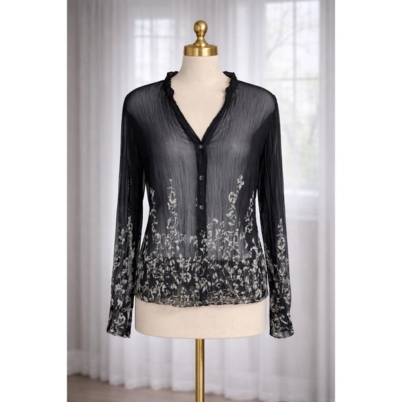 Chico's Tops - Chicos Top Black White Floral Sheer Crinkle V Neck Button Up Size 1 Small